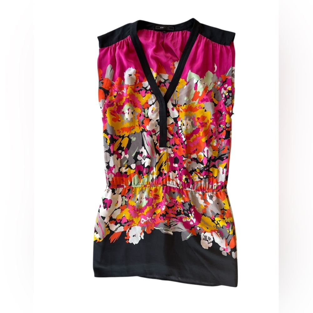 BCBG Max Azria 100% Silk Multicolor Floral Dress Drop Waist  Y2K Cap Sleeve